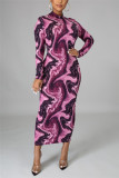 Purple Fashion Casual Print Basic Half A Turtleneck Pencil Dresses