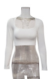 White Sexy Solid Patchwork Backless Square Collar Tops