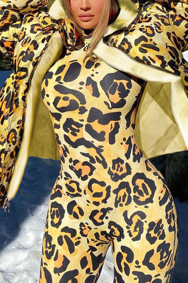 Yellow Casual Print Leopard Split Joint Tie-dye Hooded Collar Outerwear