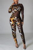 Black Fashion Sexy Patchwork Print See-through Skinny Jumpsuits
