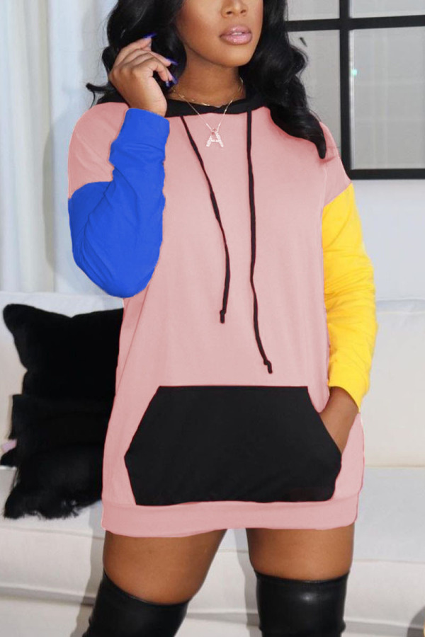 Pink Living Solid Patchwork Hooded Collar Wrapped Skirt Dresses