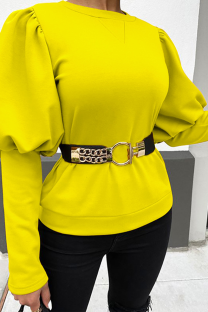 Yellow Casual Solid Split Joint Without Belt O Neck Tops