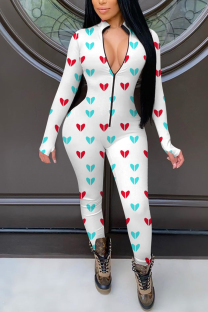 White Casual Print Patchwork Zipper Collar Skinny Jumpsuits