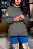 Grey Casual Solid Hollowed Out Patchwork Slit Hooded Collar Tops