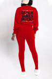 Red Street Print O Neck Long Sleeve Two Pieces
