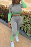 Green Sportswear Striped Patchwork O Neck Long Sleeve Two Pieces