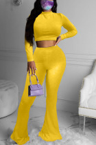 Yellow Fashion Solid O Neck Long Sleeve Two Pieces
