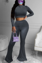Dark Gray Fashion Solid O Neck Long Sleeve Two Pieces