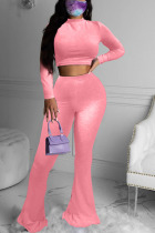 Pink Fashion Solid O Neck Long Sleeve Two Pieces