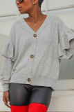 Grey Casual Solid Buttons V Neck Tops