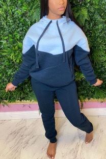 Blue Casual Solid Patchwork Hooded Collar Long Sleeve Two Pieces