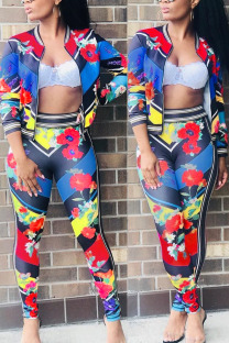 Rose Red Sportswear Print Zipper Collar Long Sleeve Two Pieces