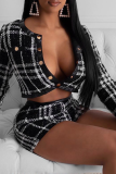 Black Sexy Plaid Split Joint O Neck Long Sleeve Two Pieces