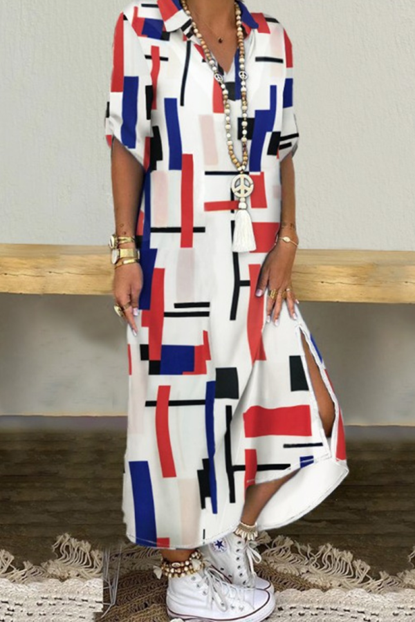 Red Blue Casual Print Patchwork Turndown Collar Dresses