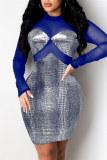 Blue Fashion Sexy Patchwork See-through Long Sleeve Dress