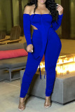 Blue Sexy Solid Split Joint Bateau Neck Two Pieces