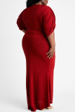 Red Sexy Solid Split Joint V Neck Evening Dress Plus Size 