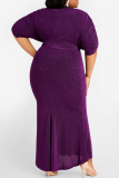 Purple Sexy Solid Split Joint V Neck Evening Dress Plus Size 