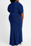 Blue Sexy Solid Split Joint V Neck Evening Dress Plus Size 