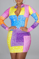 Multicolor Fashion Sexy Print Basic Zipper Collar Long Sleeve Dresses