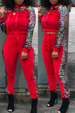 Red Fashion Casual Patchwork Sequins Hooded Collar Long Sleeve Two Pieces