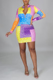 Multicolor Fashion Sexy Print Basic Zipper Collar Long Sleeve Dresses