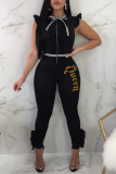 Black Fashion Casual Letter Print With Bow O Neck Skinny Jumpsuits