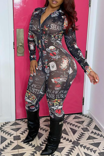 Black Gray Sexy Print Patchwork Zipper Collar Skinny Jumpsuits