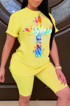 Yellow Fashion Casual Print Basic O Neck Half Sleeve Two Pieces