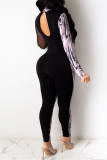 Black Sexy Print See-through O Neck Skinny Jumpsuits