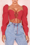 Red Sexy Casual Solid Backless Strap Design Square Collar Tops