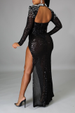 Black Sexy Hot Drilling Hollowed Out High Opening O Neck Evening Dress Dresses