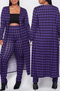 Purple Fashion Casual Print Cardigan Pants Long Sleeve Two Pieces