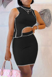 Black Sexy Casual Solid Split Joint Asymmetrical Half A Turtleneck Sleeveless Two Pieces