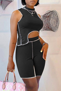 Black Fashion Casual Solid Patchwork Asymmetrical Half A Turtleneck Sleeveless Two Pieces