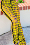 Yellow Casual Plaid Patchwork Skinny Small Elastic High Waist Pencil Bottoms