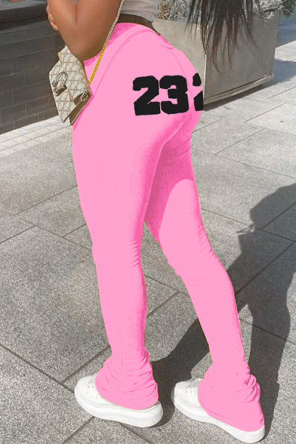Pink Fashion Casual Print Basic Plus Size Trousers