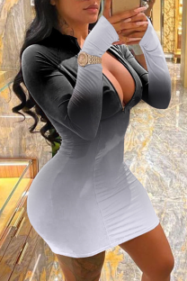 Black Sexy Gradual Change Split Joint Zipper Collar Pencil Skirt Dresses
