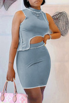 Grey Sexy Casual Solid Split Joint Asymmetrical Half A Turtleneck Sleeveless Two Pieces