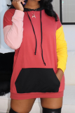 Red Casual Solid Split Joint Hooded Collar Tops