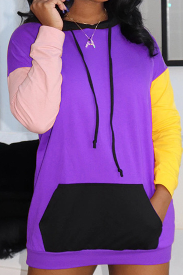 Purple Casual Solid Split Joint Hooded Collar Tops