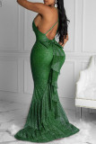Green Fashion Sexy Solid Backless V Neck Sling Evening Dress