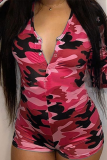 Red Sexy Camouflage Print Split Joint O Neck Skinny Jumpsuits