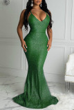 Green Fashion Sexy Solid Backless V Neck Sling Evening Dress