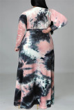 Rose Red Fashion Casual Print Tie-dye V Neck Long Sleeve Plus Size Dress