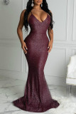 Wine Red Fashion Sexy Solid Backless V Neck Sling Evening Dress