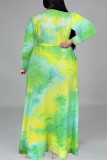 Multi-color Fashion Casual Print Tie-dye V Neck Long Sleeve Plus Size Dress