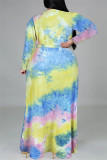 Multi-color Fashion Casual Print Tie-dye V Neck Long Sleeve Plus Size Dress
