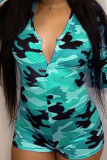 Blue Sexy Camouflage Print Split Joint O Neck Skinny Jumpsuits