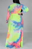 Rose Red Fashion Casual Print Tie-dye V Neck Long Sleeve Plus Size Dress